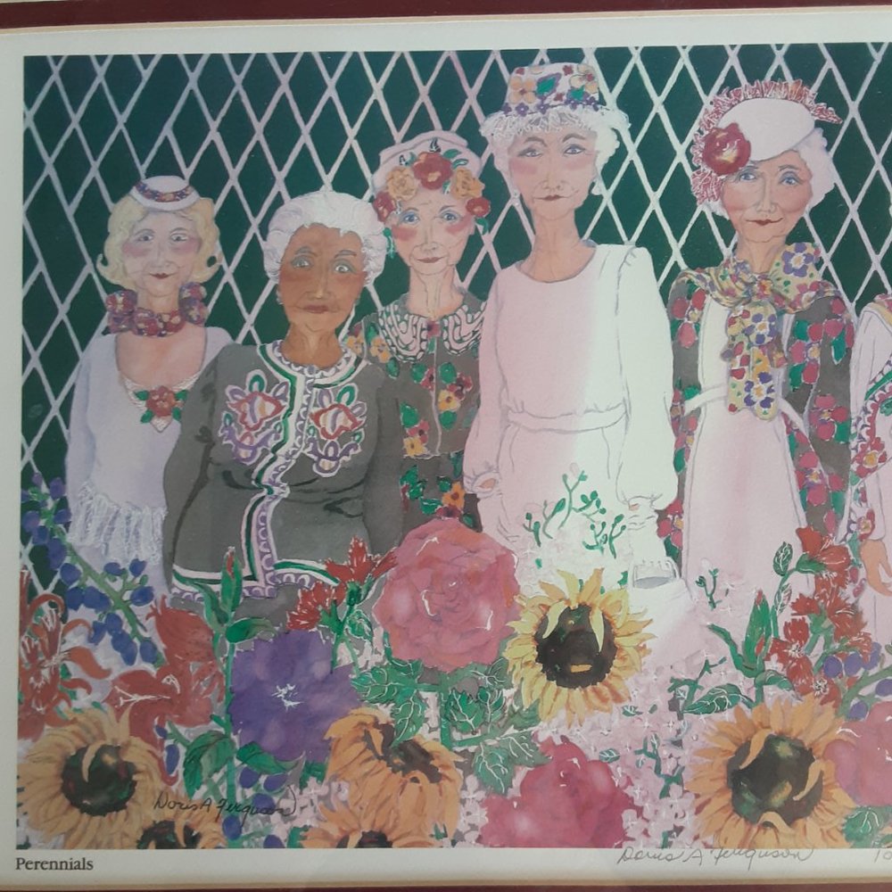 Watercolor Print "Perennials" artist signed by Doris A Ferguson Women Flowers